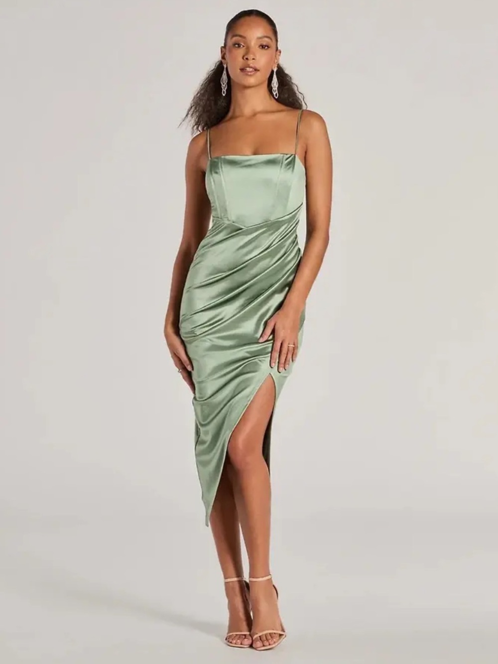 Windsor Satin Corset Midi Dress in Sage Green